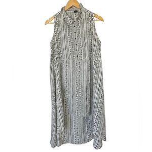 Black White Geometric Print Boho Flowy Sleeveless High Low Midi Dress, Size L